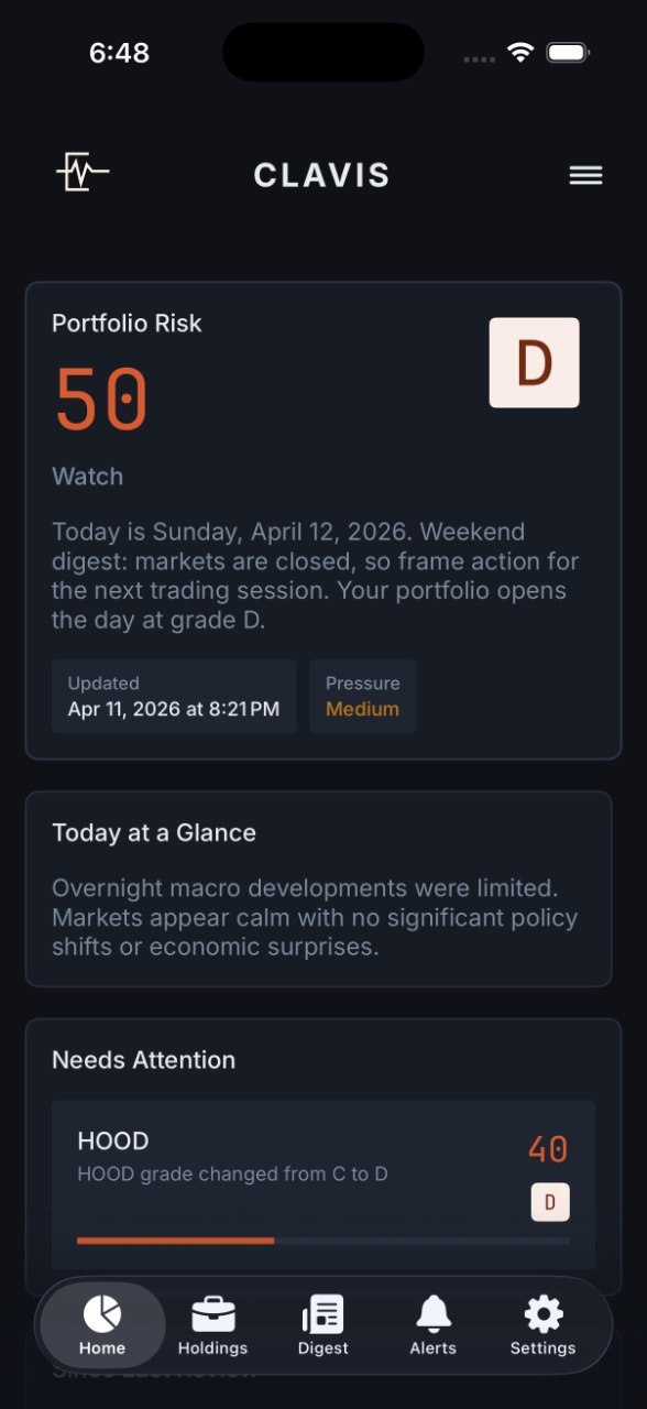 Clavix app dashboard - portfolio risk score